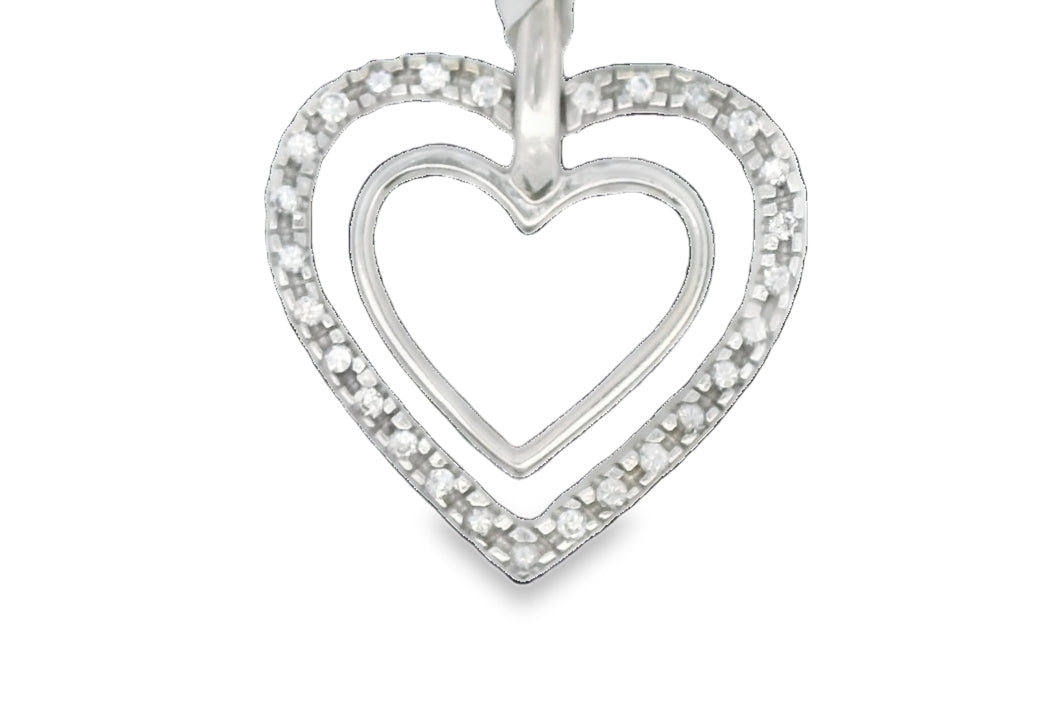 14K WHITE GOLD SOLID DOUBLE HEART CZ PENDANT