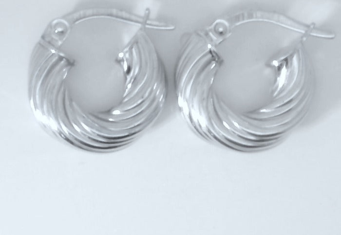 14K WHITE GOLD HOLLOW SMALL FANCY HOOPS EARRINGS