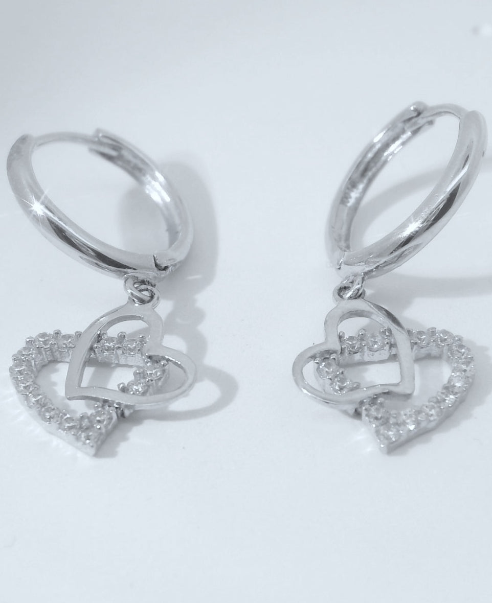 14K WHITE GOLD HEART CZ HUGGIES EARRINGS