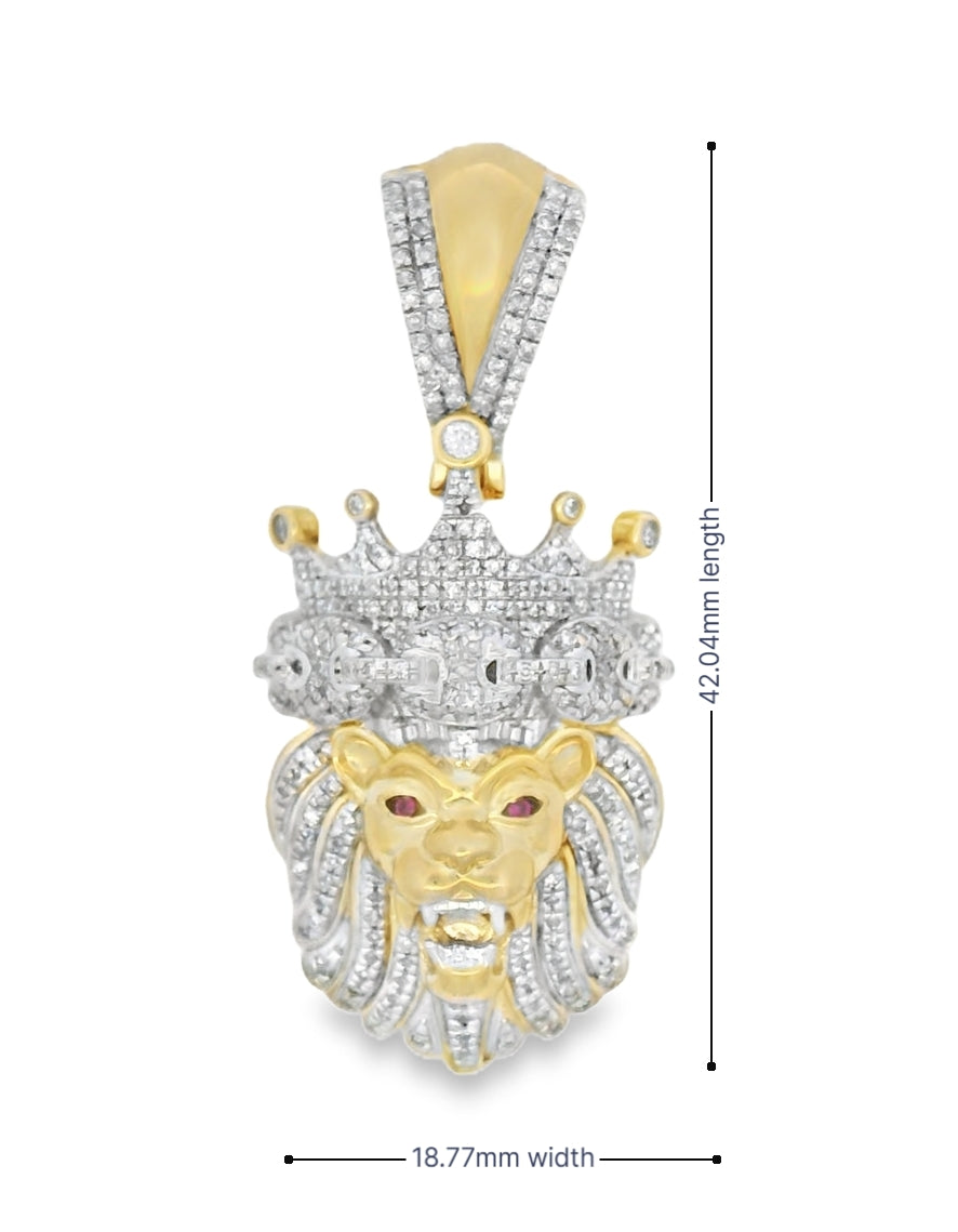 10K YELLOW GOLD LIONHEAD WITH CROWN ROUND DIAMOND CHARM 41.78MM LENGTH FROM BALE 18.26MM WIDTH FROM BALE