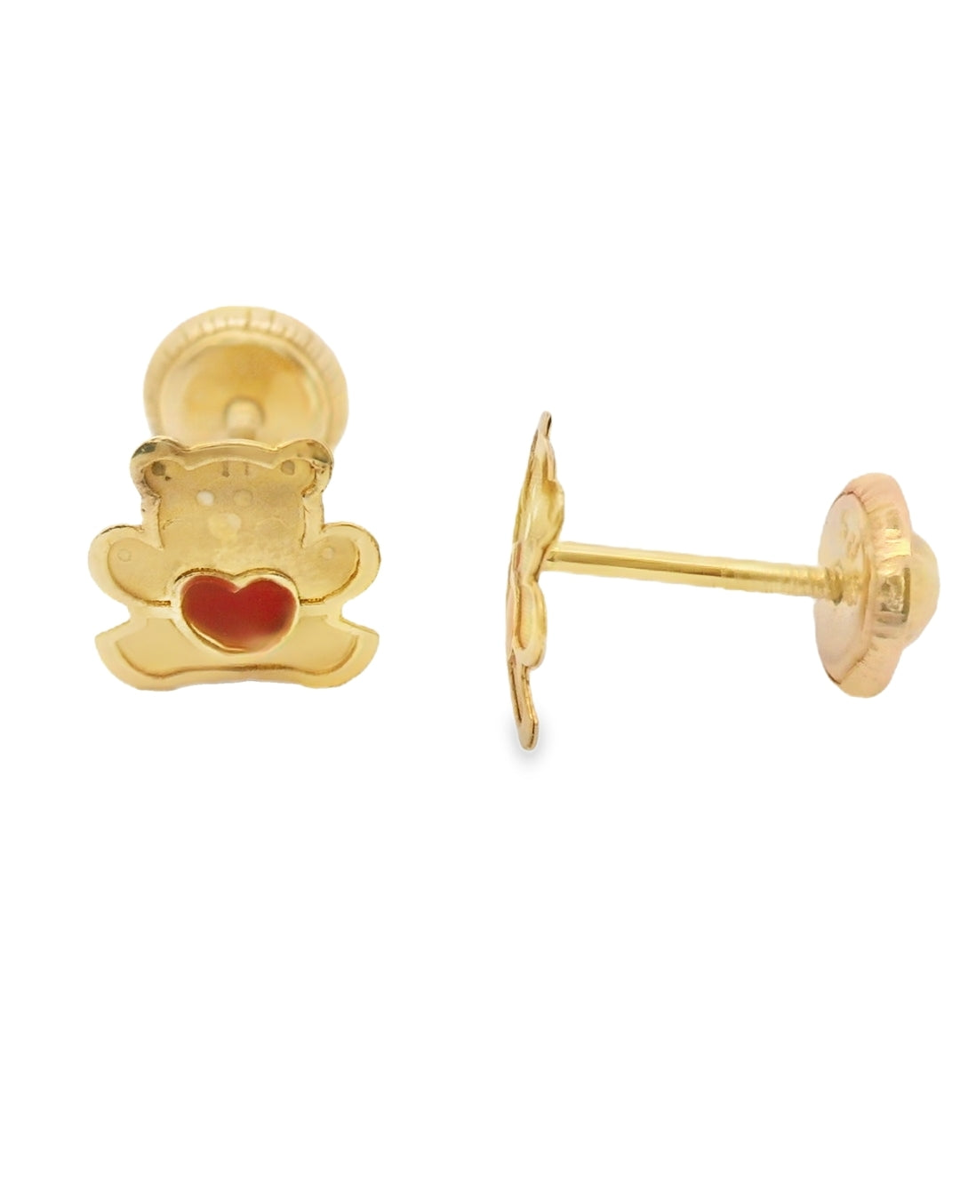 14K YELLOW GOLD TEDDY BEAR HEART STUD EARRINGS
