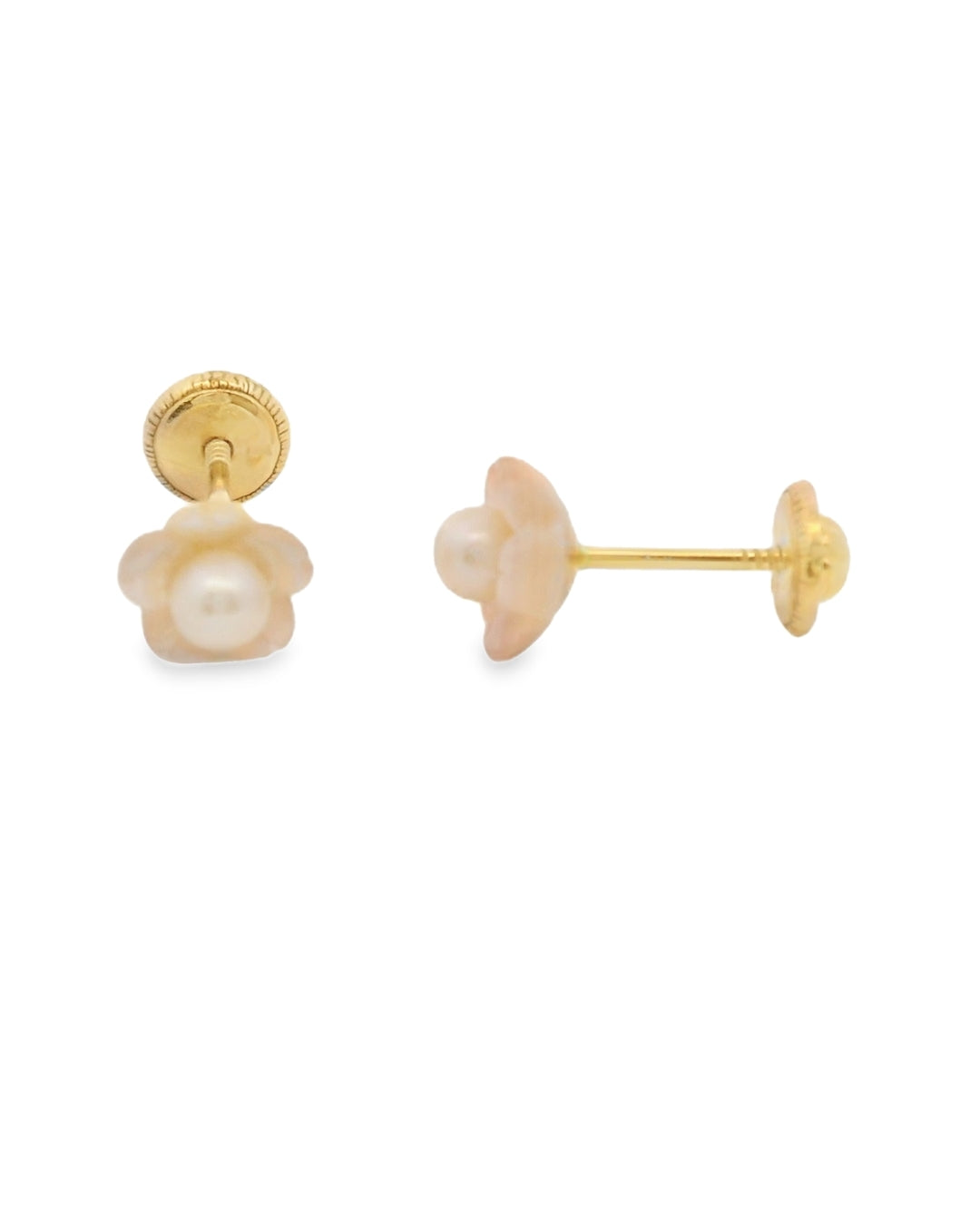 14K YELLOW GOLD ELEGANT FLORAL PEARL STUD EARRINGS