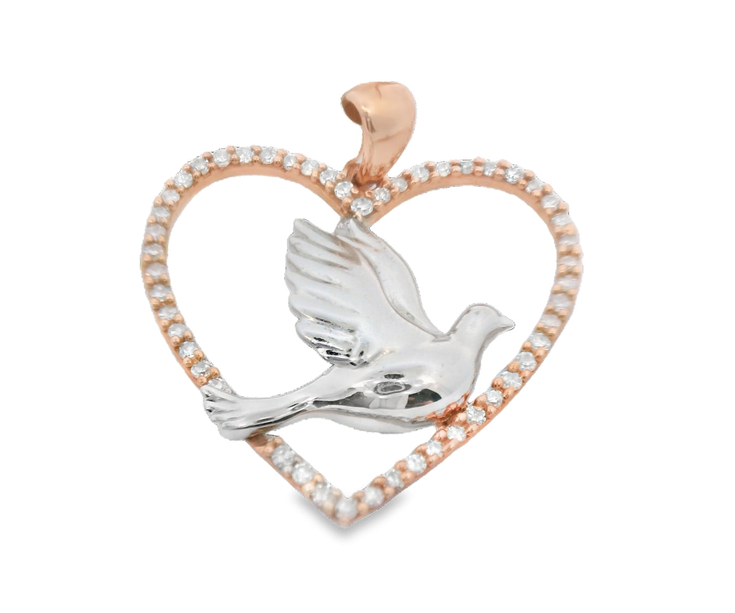 10K PINK AND WHITE GOLD DIAMOND HEART DOVE PENDANT