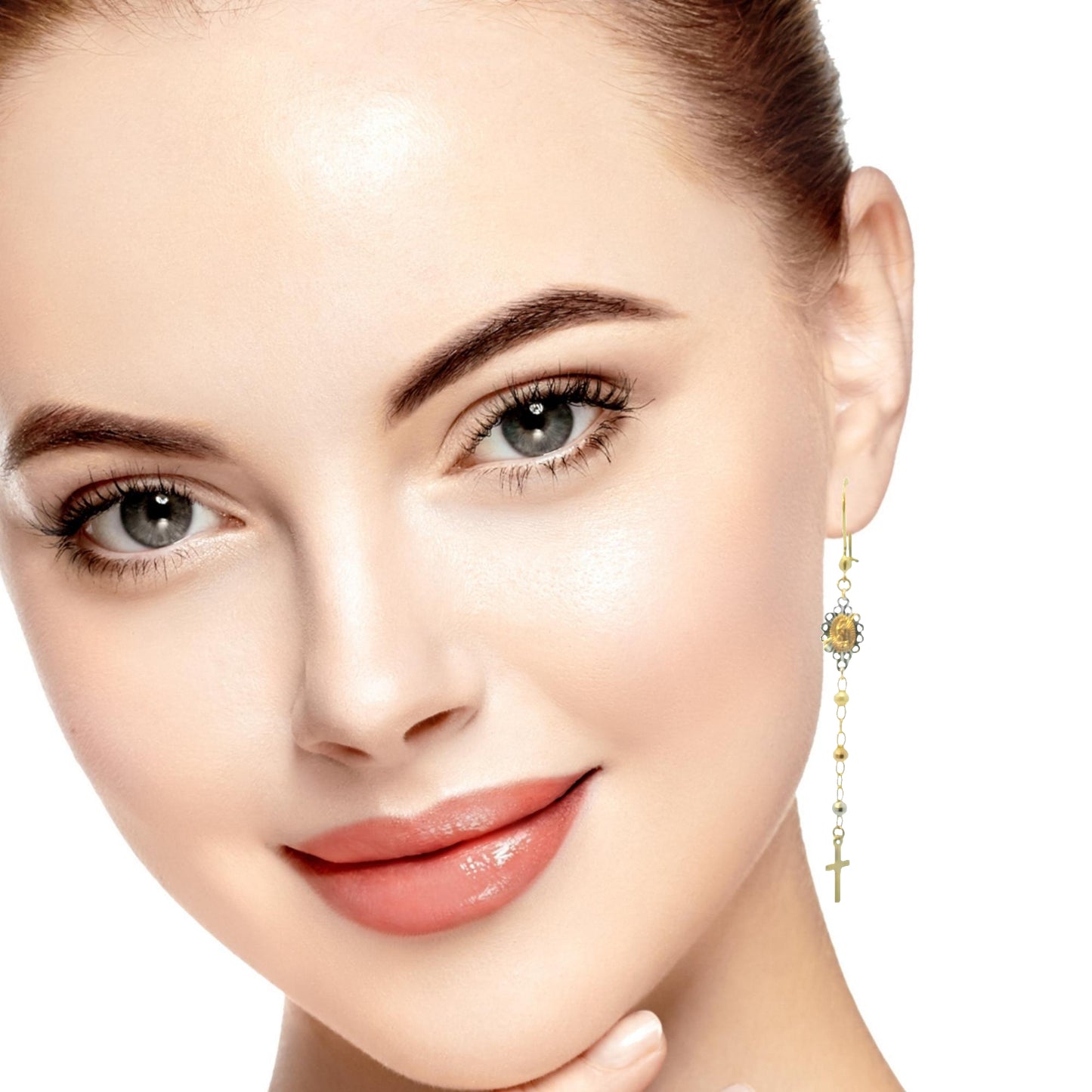 14K TRI COLOR ROSARY DANGLING EARRINGS WOMEN