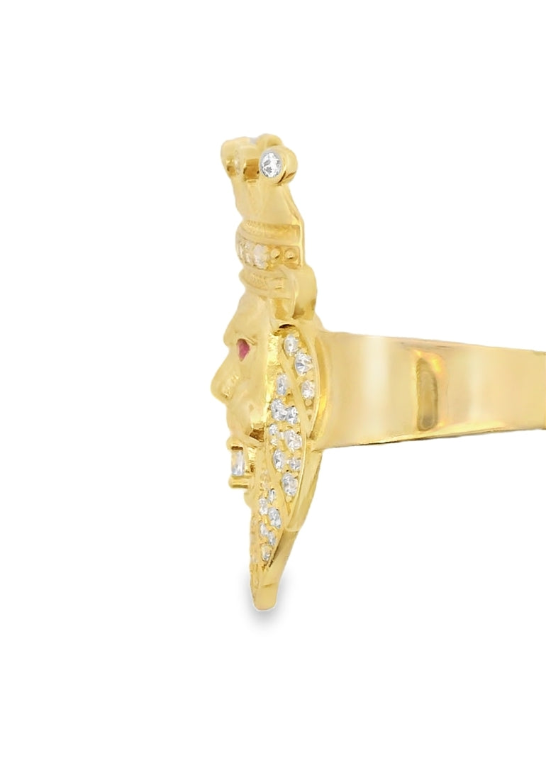 14K YELLOW GOLD CROWN LION RING CZ