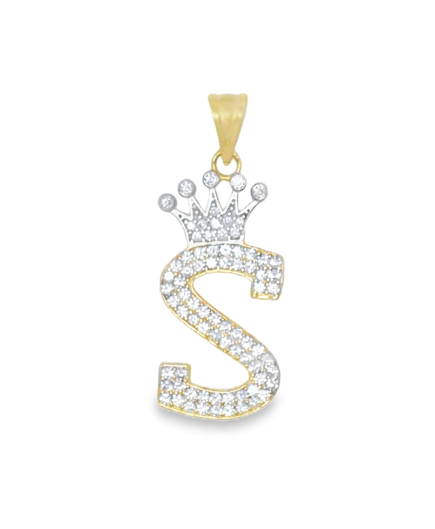 14K YELLOW GOLD S LETTER WITH CROWN CHARM CZ 33.42MM LENGTH FROM BALE 12.50MM WIDTH