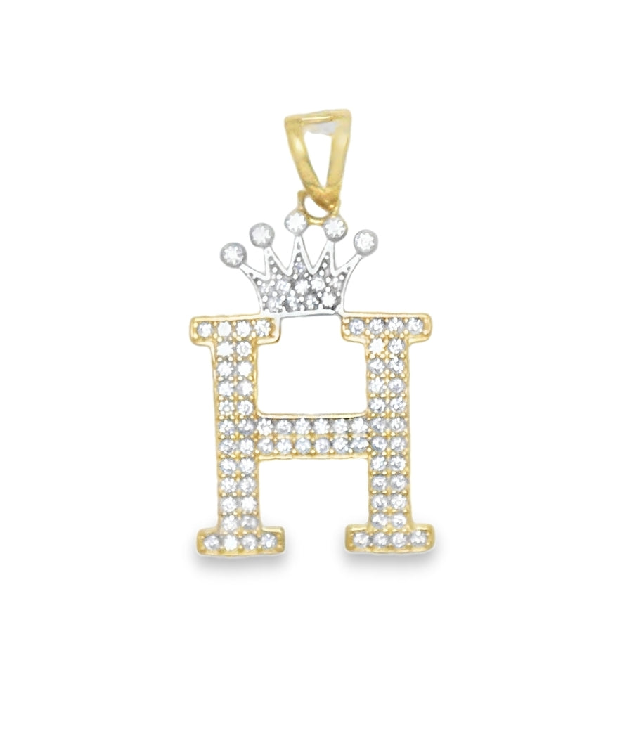 14K YELLOW GOLD H LETTER WITH CROWN CHARM CZ 32.01MM LENGTH FROM BALE 17.19MM WIDTH