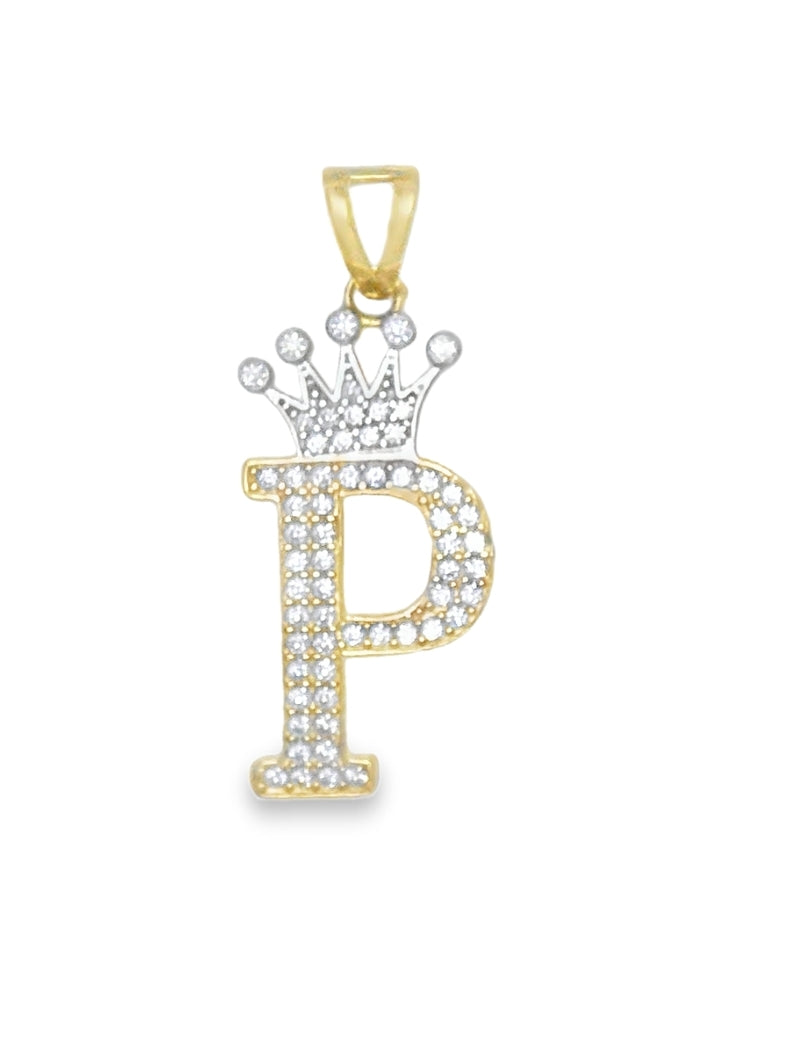 14K YELLOW GOLD P LETTER CHARM WITH CROWN CZ 33.12MM LENGTH FROM BALE 11.92MM WIDTH