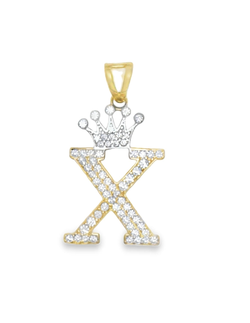 14K YELLOW GOLD X LETTER WITH CROWN CHARM CZ 31.20MM LENGTH FROM BALE 16.06MM WIDTH