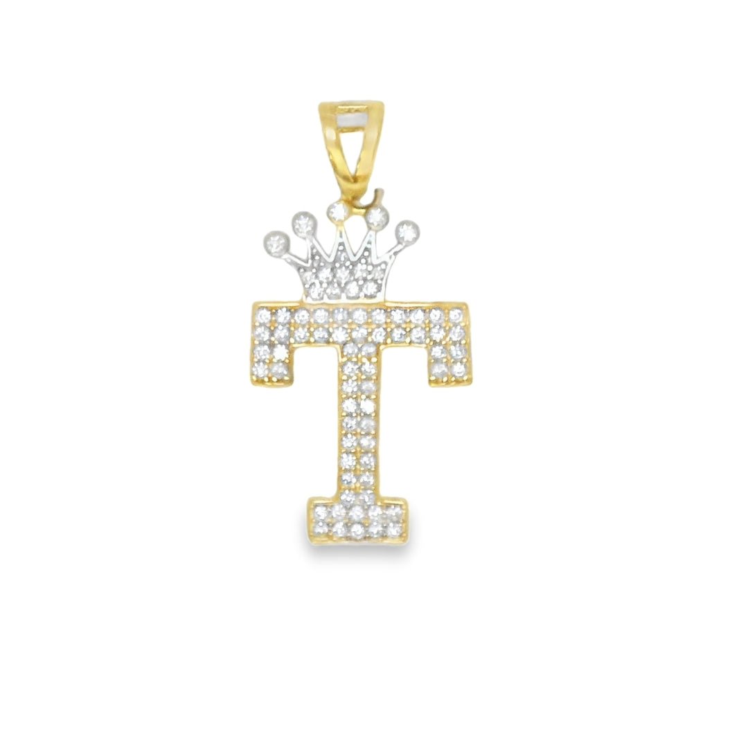 14K YELLOW GOLD INITIAL WITH CROWN CZ CHARM 32.65MM LENGTH FROM BALE 16.48MM WIDTH