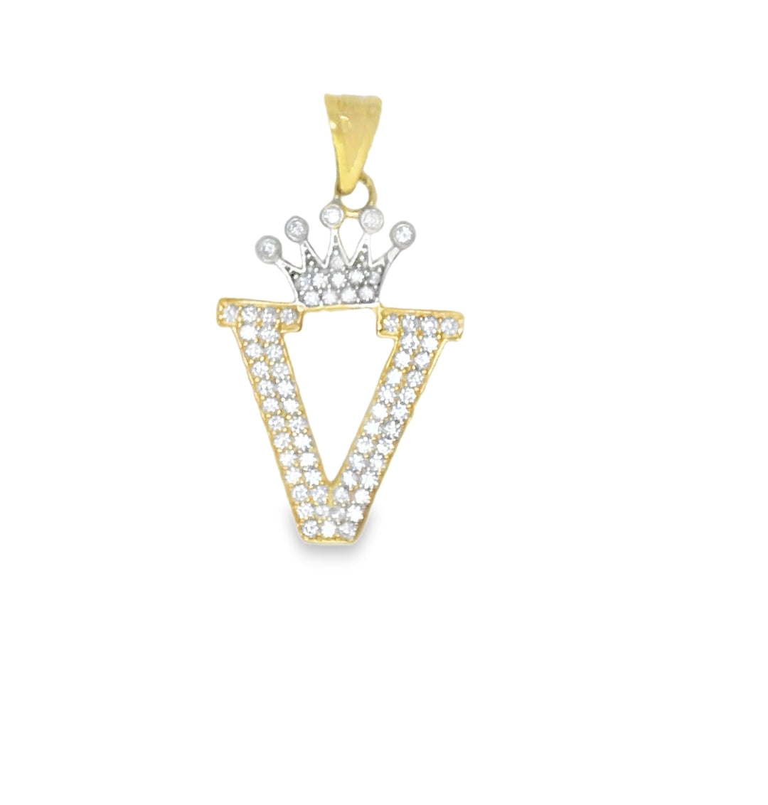 14K YELLOW GOLD INITIAL V CROWN CZ CHARM 31.95MM LENGTH FROM BALE 17.32MM WIDTH