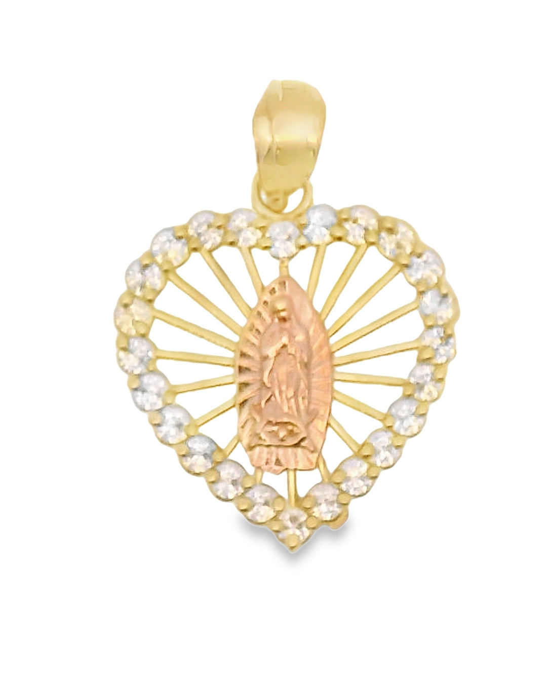 14K YELLOW PINK GOLD VIRGEN MARY CZ HEART PENDANT