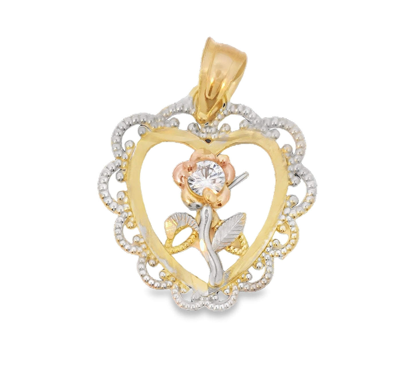 14K YELLOW PINK HEART ROSE CZ PENDANT