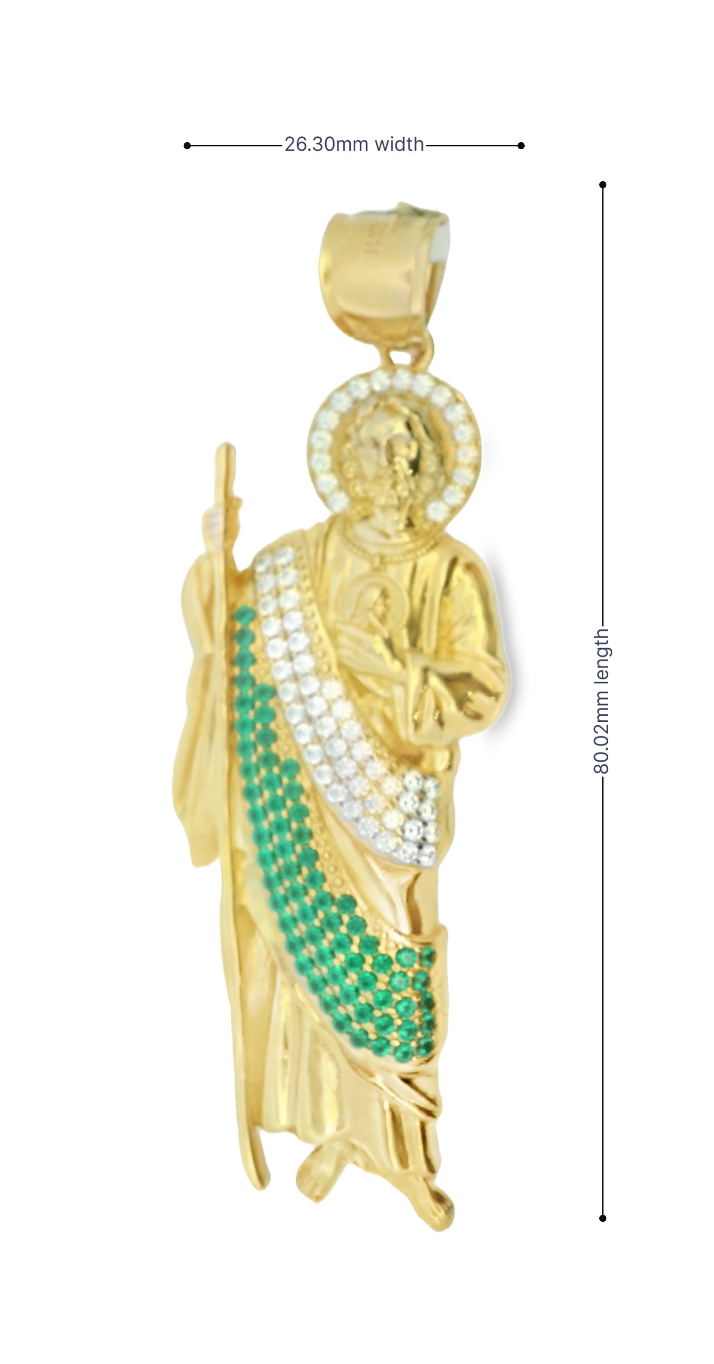 14K YELLOW GOLD WHITE/GREEN CZ ST. JUDE CHARM 77.11MM LENGTH WITH BALE 25.93MM WIDTH