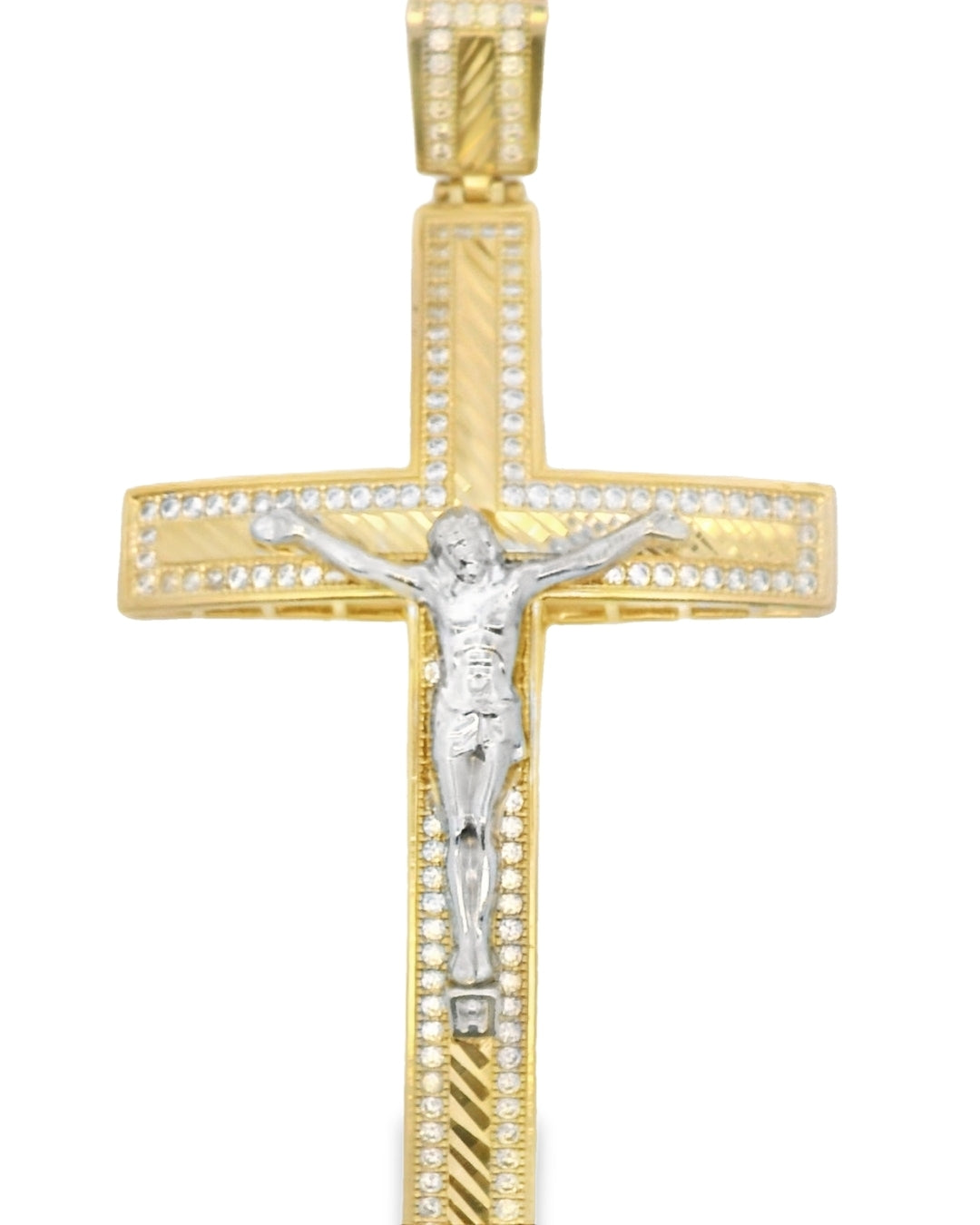 14K TWO TONE JESUS CHRIST CROSS CZ 75.07MM LENGTH