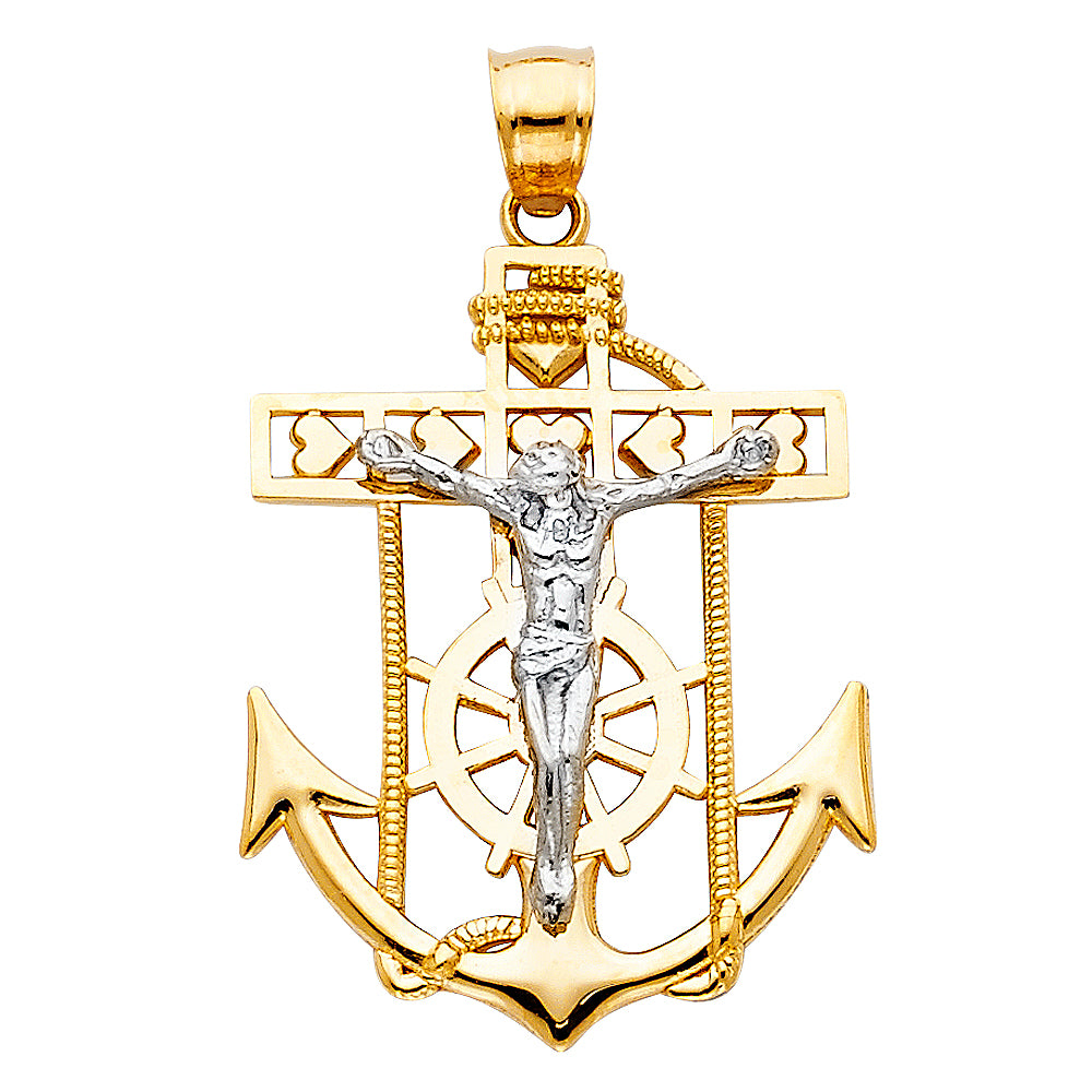 14K TWO TONE GOLD JESUS CROSS ANCHOR PENDANT