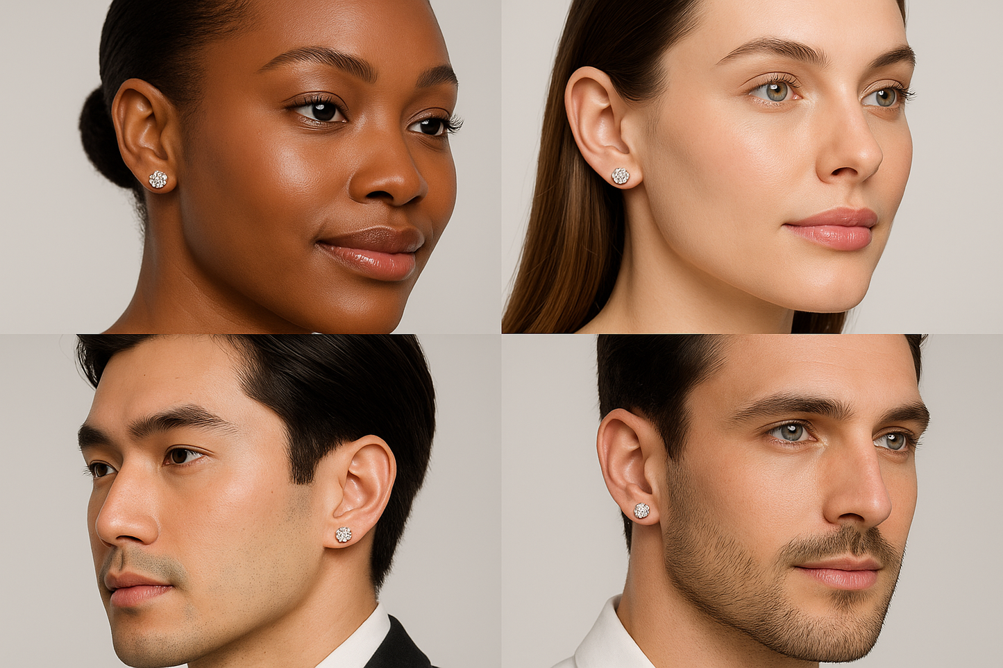 women & men wearing white gold stud earrings 4 prong 1.10ctw