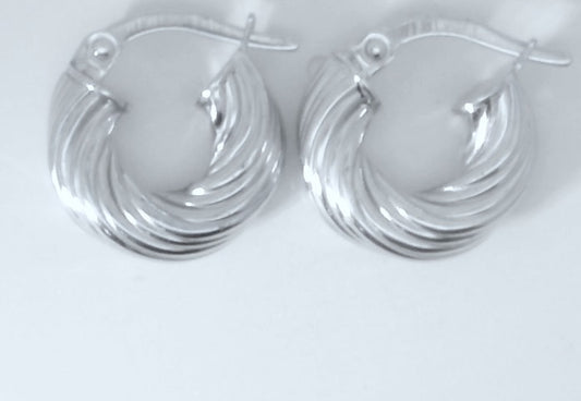 14K WHITE GOLD HOLLOW SMALL FANCY HOOPS EARRINGS