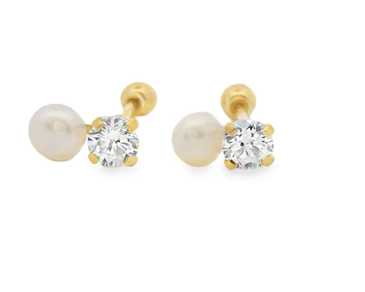 14K YELLOW GOLD ELEGANT PEARL AND CZ STUD EARRINGS