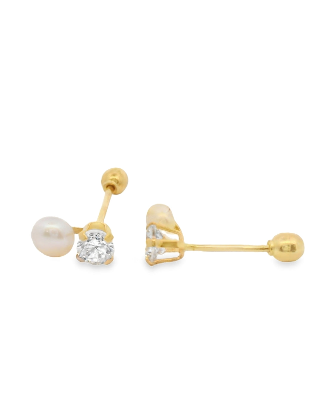 14K YELLOW GOLD ELEGANT PEARL AND CZ STUD EARRINGS