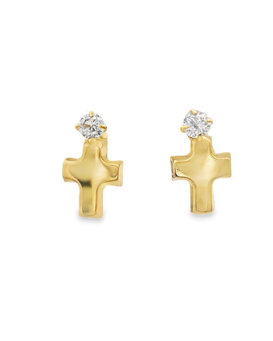 14K YELLOW GOLD CROSS CZ STUD EARRINGS