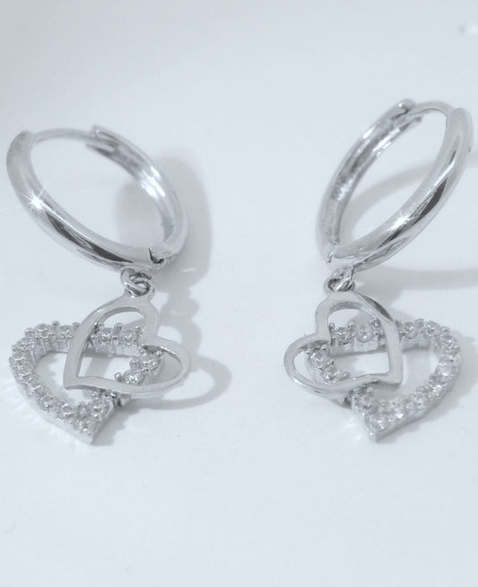 14K WHITE GOLD HEART CZ HUGGIES EARRINGS