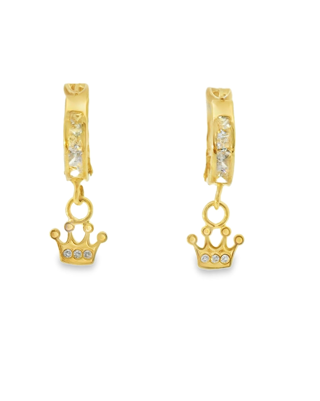 14K YELLOW GOLD DANGLING CROWN EARRING CZ
