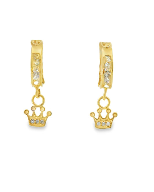 14K YELLOW GOLD DANGLING CROWN EARRING CZ