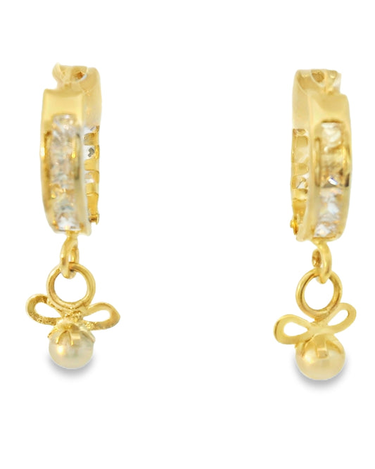 14K YELLOW GOLD PEARL BOW HUGGIES CZ