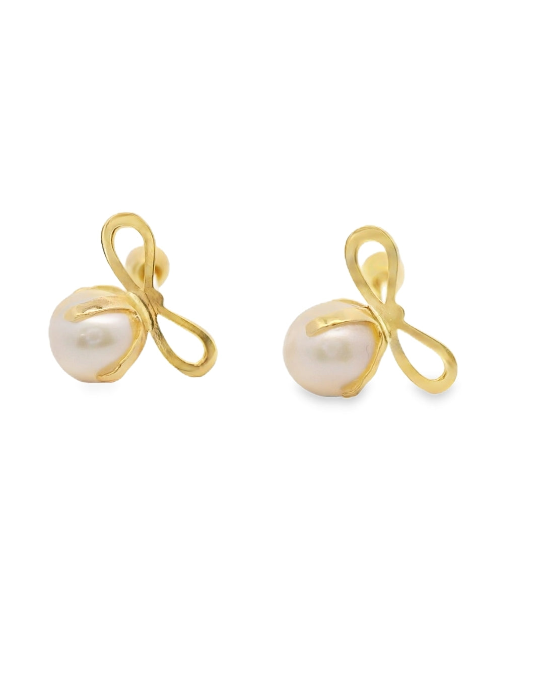 14K YELLOW GOLD PEARL BOW STUD EARRINGS