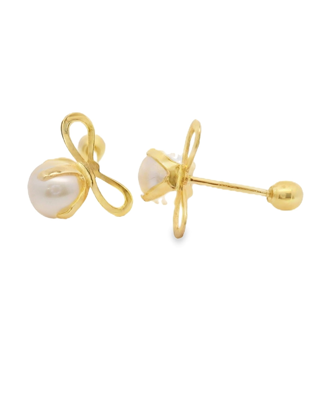 14K YELLOW GOLD PEARL BOW STUD EARRINGS