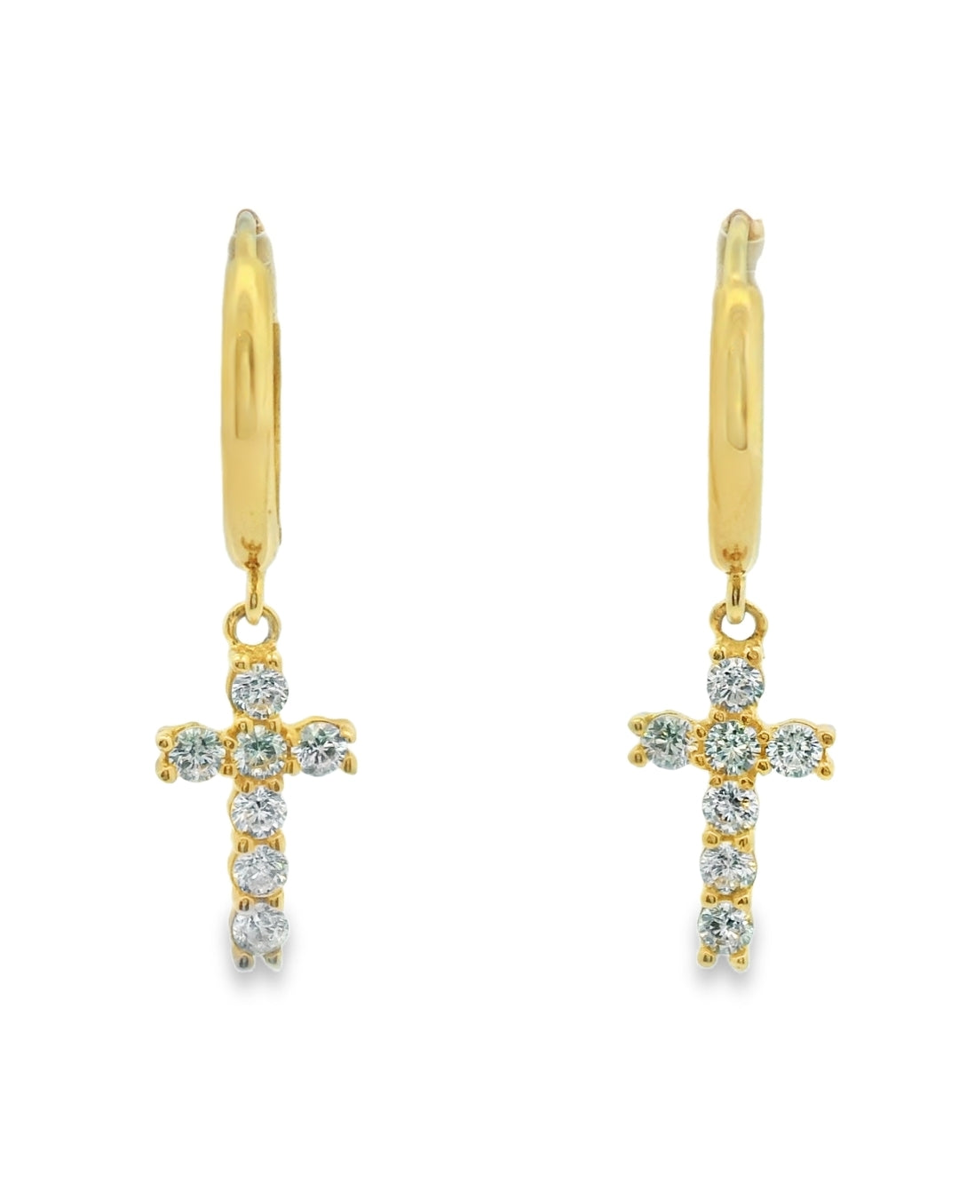 14K YELLOW GOLD DANGLE CROSS CZ HUGGIES
