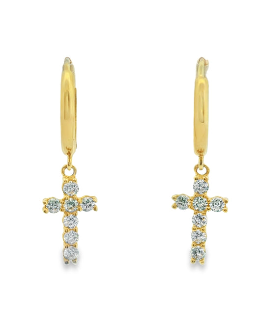 14K YELLOW GOLD DANGLE CROSS CZ HUGGIES