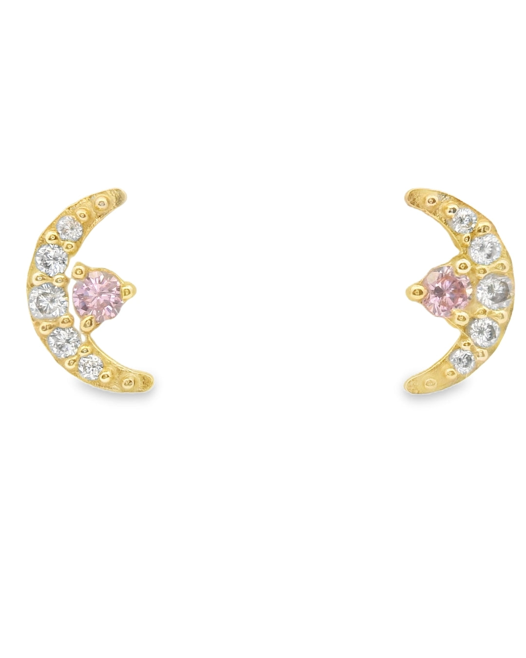 14K YELLOW GOLD CRESCENT MOON CZ STUD EARRINGS
