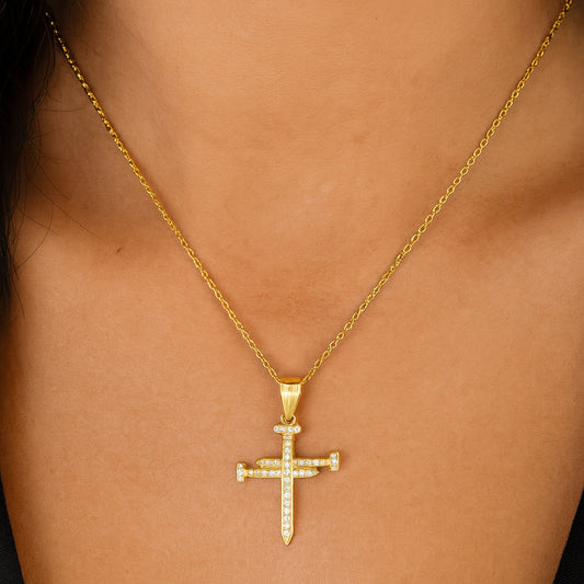 14K YELLOW GOLD NAIL CROSS CZ UNISEX