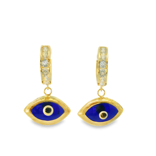 14K YELLOW GOLD EVIL EYE DANGLING HOOPS CZ