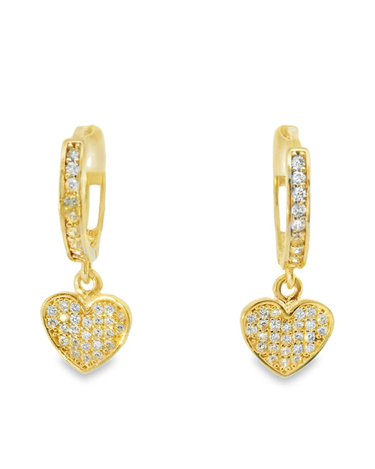 14K YELLOW GOLD HEART DANGLING HOOPS CZ
