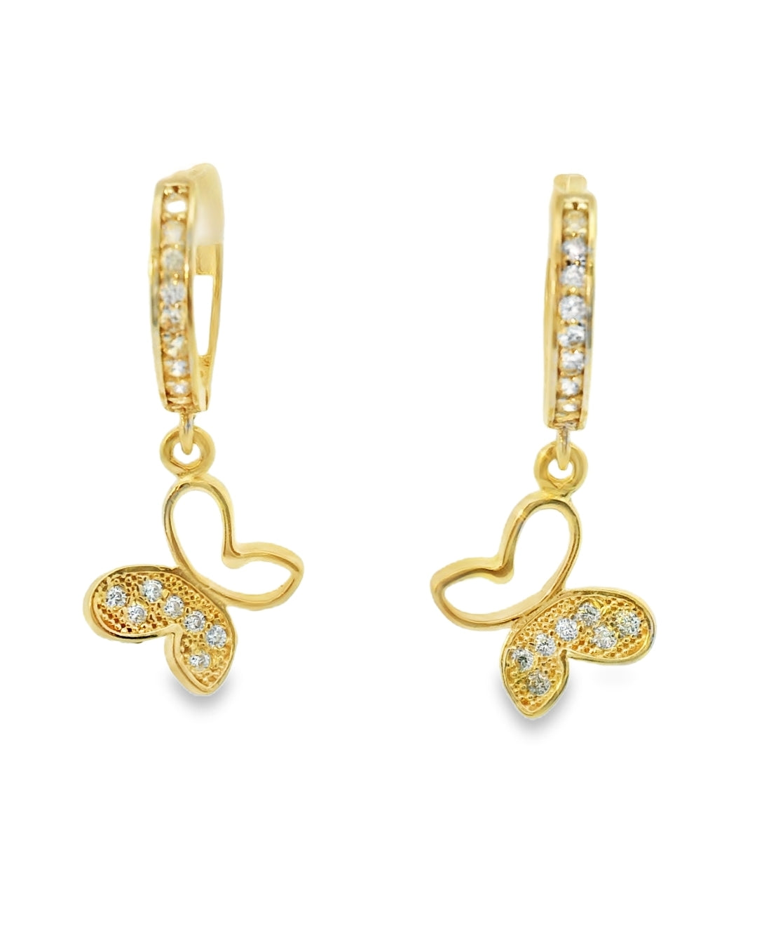 14K YELLOW GOLD BUTTERFLY DANGLING HOOPS CZ