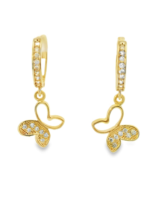 14K YELLOW GOLD BUTTERFLY DANGLING HOOPS CZ