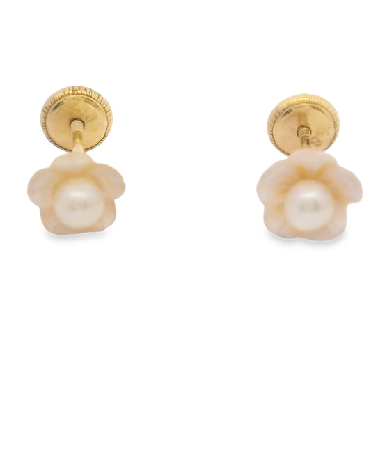 14K YELLOW GOLD ELEGANT FLORAL PEARL STUD EARRINGS