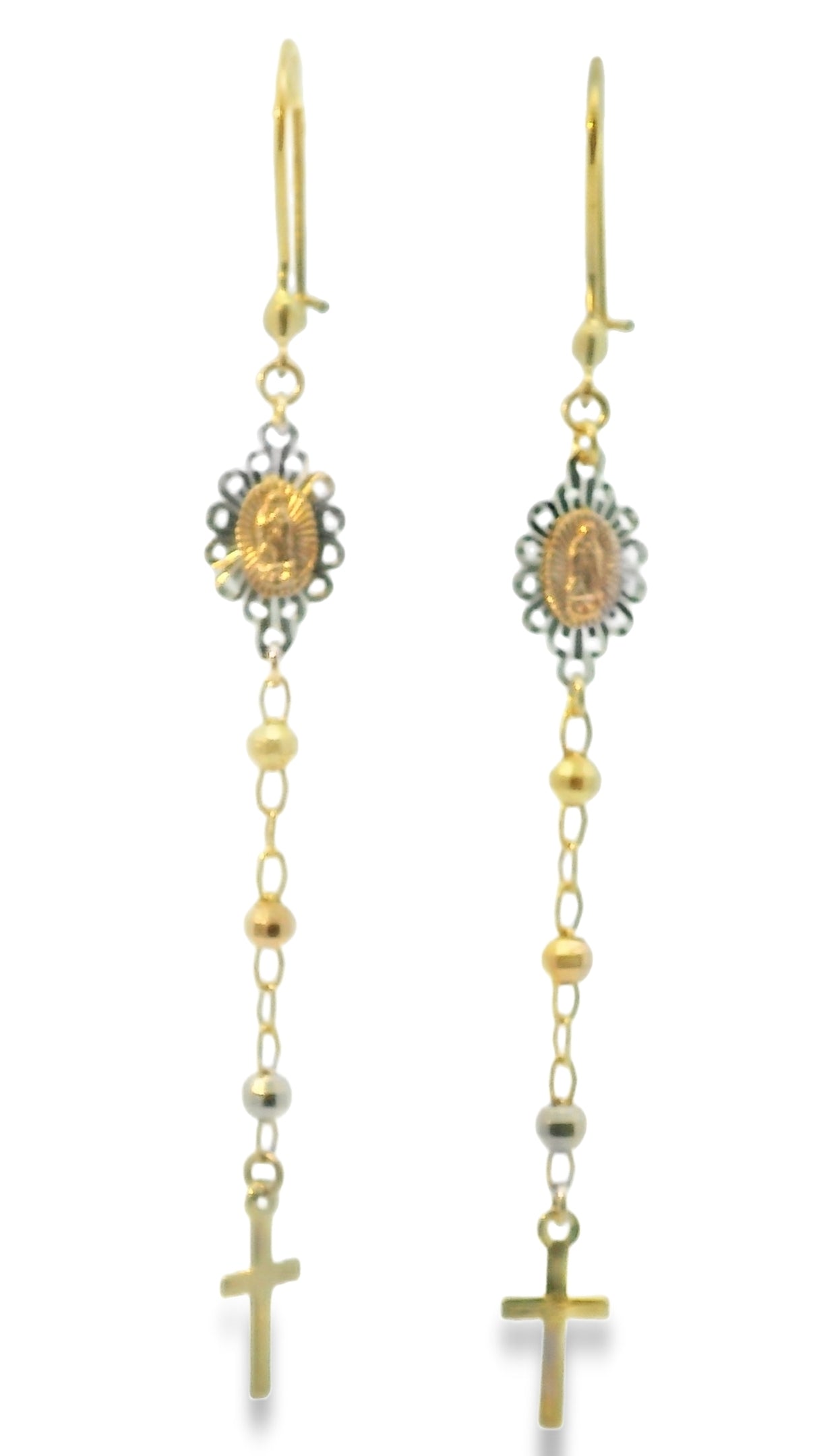 14K TRI COLOR ROSARY DANGLING EARRINGS WOMEN
