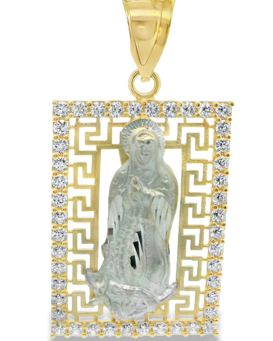 14K TWO TONE GOLD VIRGEN MARY CZ CHARM 46.72MM LENGTH FROM BALE 24.20MM WIDTH
