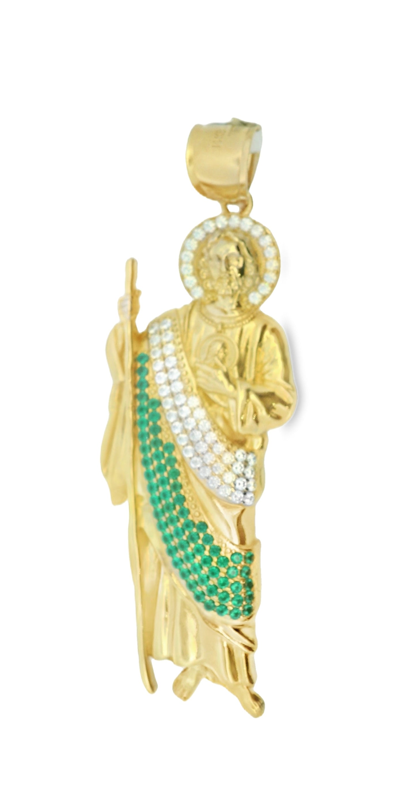 14K YELLOW GOLD WHITE/GREEN CZ ST. JUDE CHARM 77.11MM LENGTH WITH BALE 25.93MM WIDTH