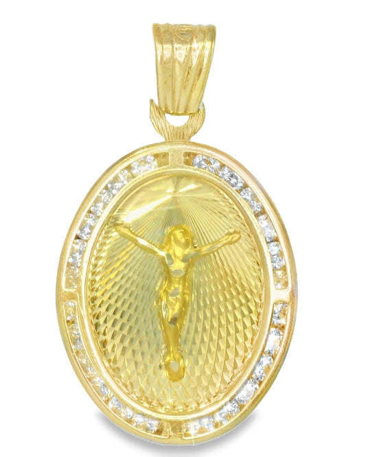 14K YELLOW GOLD OVAL JESUS CHRIST CHARM CZ FAMILY