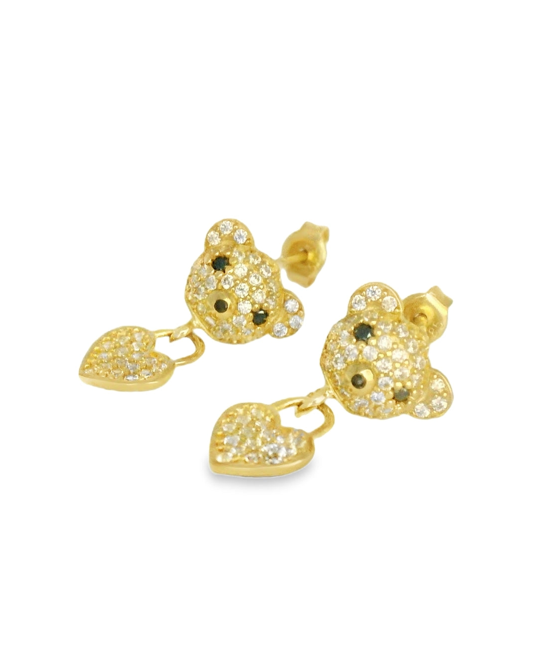 14K YELLOW GOLD TEDDY BEAR WITH DANGLING HEART CZ EARRINGS