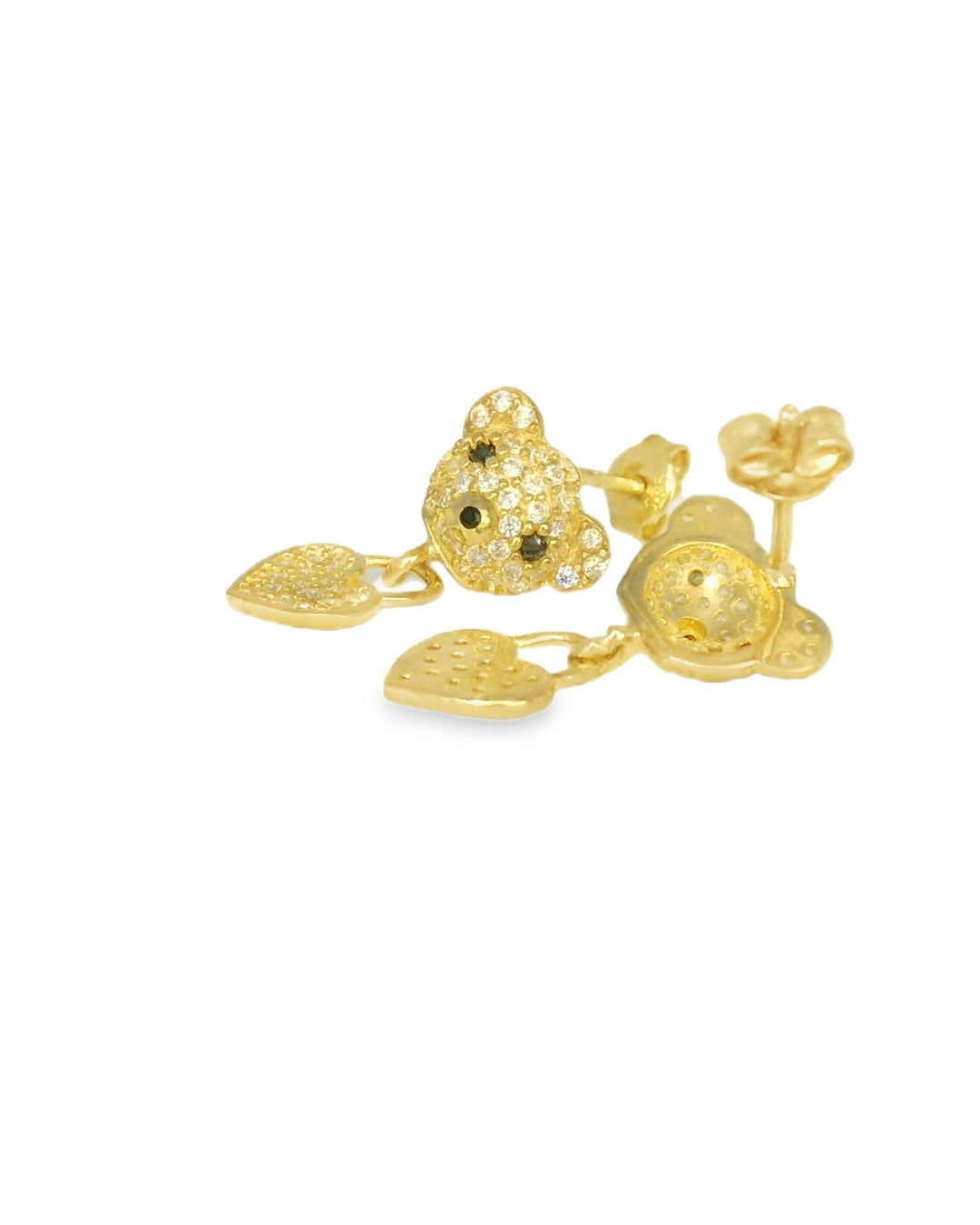 14K YELLOW GOLD TEDDY BEAR WITH DANGLING HEART CZ EARRINGS