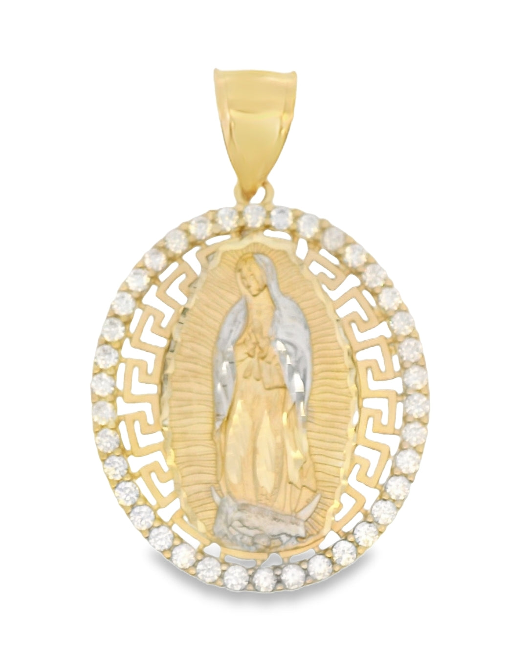 14K TWO TONE GOLD SOLID VIRGEN MARY CZ CHARM 54.57MM LENGTH