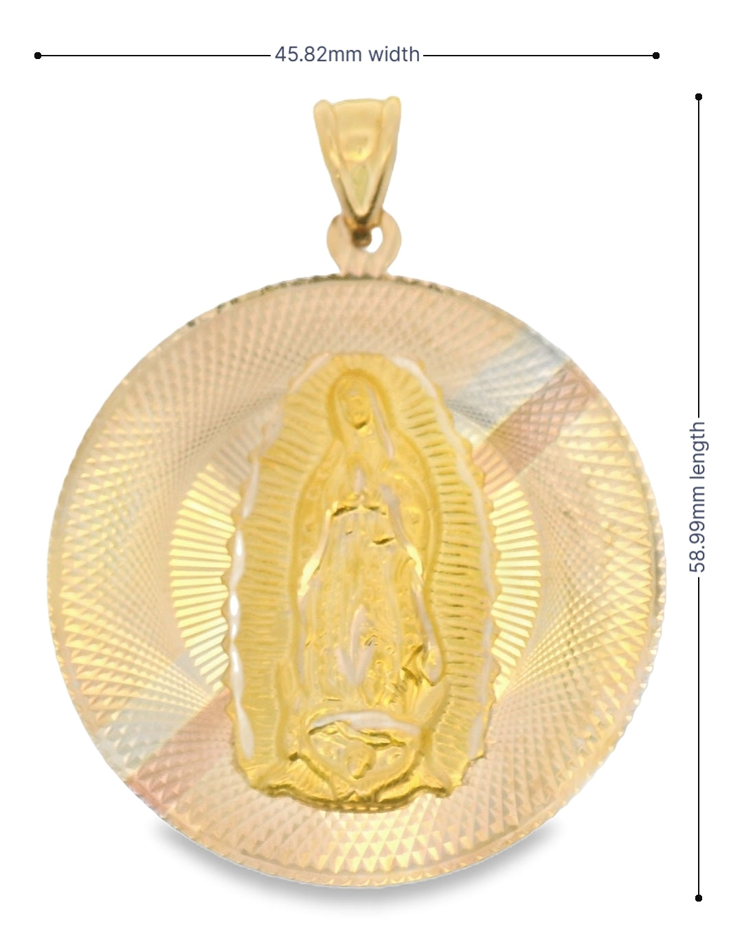 14K TRI COLOR GOLD SOLID VIRGEN MARY CHARM ROUND 58.99MM LENGTH