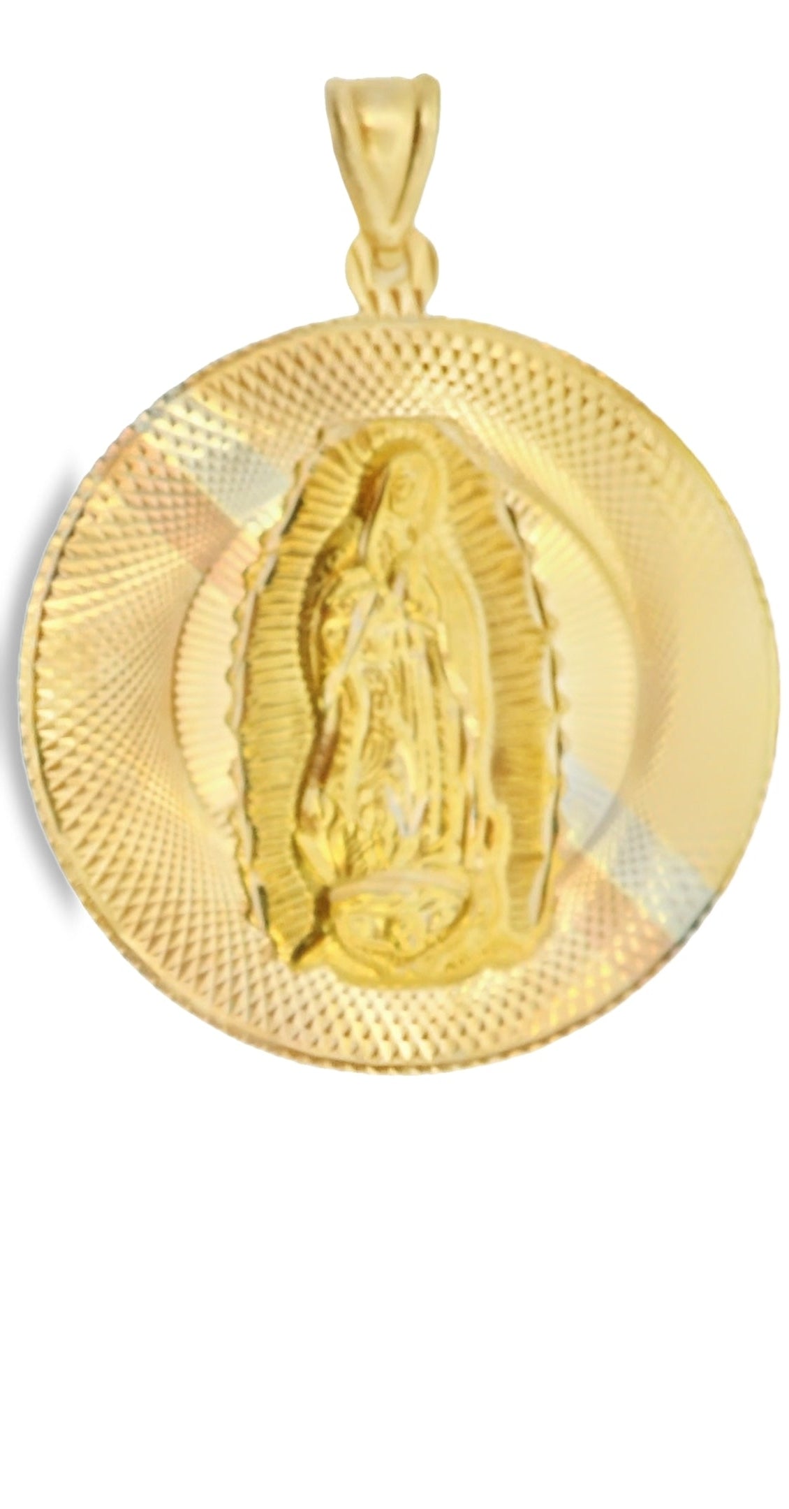14K TRI COLOR GOLD SOLID VIRGEN MARY CHARM ROUND 58.99MM LENGTH
