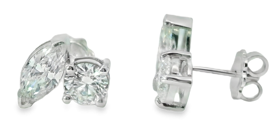 14K WHITE GOLD STUD EARRINGS WITH LAB MARQUISE DIAMOND WOMEN